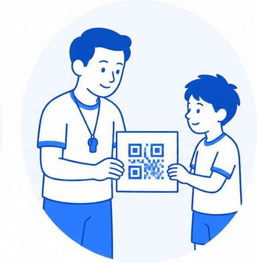 初回設定用QRを選手に渡すコーチ