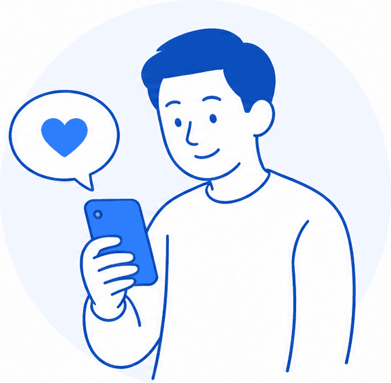 スマートフォンでハートのリアクションを送る大人のイラスト