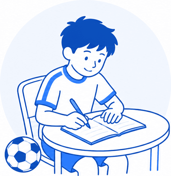 サッカーボールを横に置いてノートに書き込む選手のイラスト