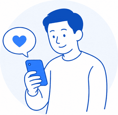 スマートフォンでハートのリアクションを送る大人のイラスト